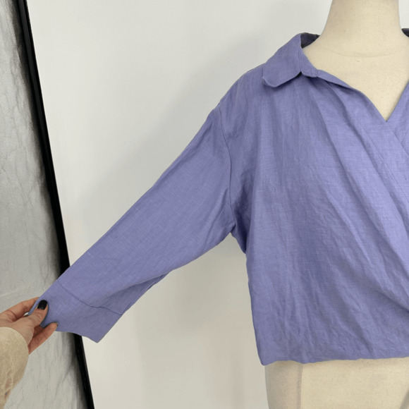 Valerie Stevens Womens 100% linen Wrap Blouse XL 3/4 Sleeve Purple Front Tie - Picture 10 of 11
